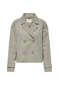 Chaqueta de corte cropped, de doble botonadura, en gris claro, con solapas, dos botones y puños enrollados; confeccionada en un tejido suave y ligero.