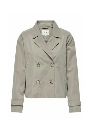 Cropped double-breasted jacket in light grey, featuring a notched collar, two buttons, and rolled cuffs; made from smooth, lightweight fabric.