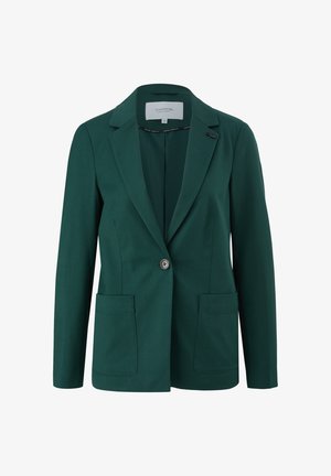 Grüner Blazer mit Reverskragen, einem einzelnen Knopfverschluss, zwei Vorderpockets und glattem Stoff. Das Innenfutter ist sichtbar.