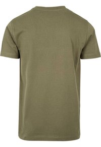 Olive green short-sleeve T-shirt made of cotton, featuring a classic crew neck and a simple, smooth texture without patterns or accents.