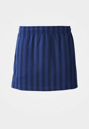 Gonna blu navy con righe verticali, vita elastica, lunghezza a metà coscia, realizzata in tessuto leggero, texture liscia.