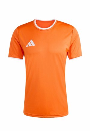 Maglia sportiva a maniche corte di colore arancione brillante con bordatura bianca su collo e maniche, con logo Adidas bianco sul petto destro.