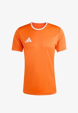 Maglia sportiva a maniche corte di colore arancione brillante con bordatura bianca su collo e maniche, con logo Adidas bianco sul petto destro.