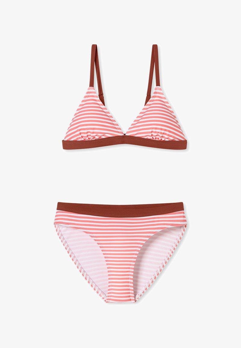 Set di bikini rigato composto da un top a triangolo con spalline marroni regolabili e coordinati slip a vita alta, in una palette di colori che include rosa e rosso.