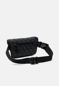 Black crossbody bag with a textured surface, featuring a zippered pocket, adjustable strap, and subtle logo pattern throughout.