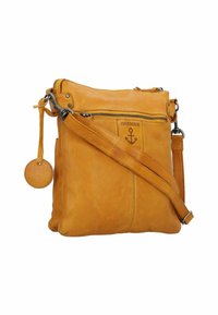 Borsa a tracolla gialla in pelle con chiusura zip, tasca frontale e etichetta rotonda in pelle. Presenta una tracolla robusta e regolabile e il logo dell'ancora.