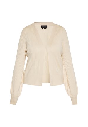 Cardigan a coste beige con scollatura a V, apertura frontale, maniche a palloncino e texture liscia. Presenta due tasche anteriori.
