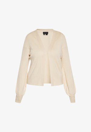 Beige ribbet cardigan med V-hals, åben front, ballonærmer og glat tekstur. To forlommer er inkluderet.