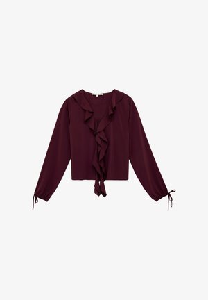 Blouse à manches longues violet foncé avec encolure en V volantée et détails à nouer aux poignets, en tissu léger.