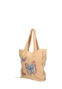 Borsa tote in suede beige con doppi motivi di farfalle in blu, rosso e crema. Presenta manici superiori e una zip laterale per un accesso facile.
