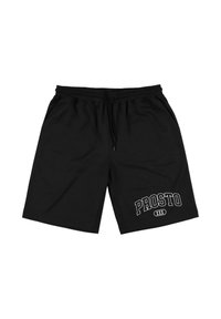 Czarne szorty wykonane z miękkiego materiału z elastycznym paskiem w talii oraz sznurkiem. Na dolnej lewej stronie znajduje się biała logo "PROSTO" oraz detal "XXX".