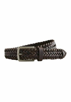 Dark brown braided leather belt with a silver metal rectangular buckle, shown coiled on a white background.
