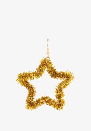 Gold star-shaped earring made of tinsel material, featuring a lightweight design with a fishhook attachment for wearing.