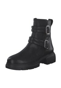 Svart ankelstövel i slät läder, med två justerbara metalldetaljer, rund tå och en kraftig gummisula med mönster.