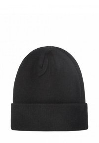 Berretto a maglia nero con risvolto, design semplice e lineare, mostrato su sfondo bianco.