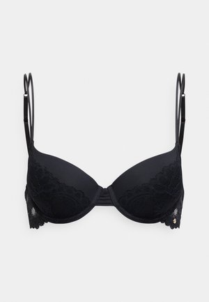 Schwarzer Spitzen-BH mit gepolsterten Körbchen, verstellbaren Trägern, einer strukturierten Spitzenkante und einem dezenten metallischen Akzentdetail an der Seite.