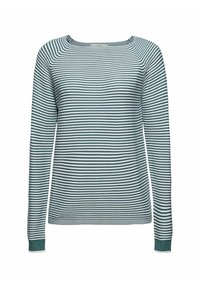 Pull manches longues à col bateau avec des fines rayures horizontales vertes et blanches et des poignets verts unis sur fond blanc.