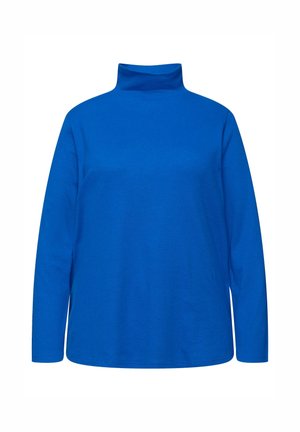 Modrý dlouhý rukáv turtleneck top vyrobený z měkké tkaniny. Obsahuje vysoký límec a volný střih, s jednoduchým šitím a bez viditelných vzorů.