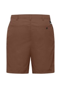 Bruine shorts van lichtgewicht stof, met een achterzak, riemlussen en een klein logo-label op de tailleband. Eenvoudig ontwerp.