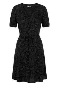 Czarna sukienka z krótkimi rękawami, dekoltem w kształcie litery V i regulowanym w pasie. Ozdobiona wzorem w kropki oraz guzikami z przodu. Gładka faktura.