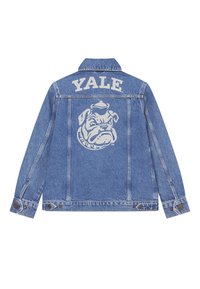 Veste en denim de couleur bleu clair avec un graphique au dos représentant un bulldog et le mot "YALE" en blanc. Col standard et fermetures à boutons.