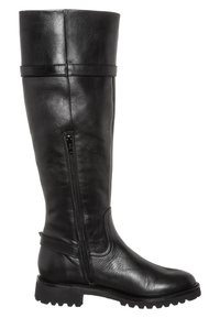 Czarne skórzane botki sięgające do kolan, z zaokrąglonym noskiem, bocznym zamkiem błyskawicznym i teksturowaną gumową podeszwą. Charakteryzują się gładkim wykończeniem i minimalnymi akcentami metalowymi.