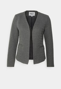 Blazer gris en chevron avec un col en V, des manches longues, deux poches avant et un intérieur non doublé. Aucun bouton ni fermoir visible.
