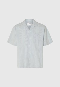 Koszula z krótkim rękawem, zapinana na guziki, w jasnoniebieskie i białe pionowe paski, z kieszonką na piersi oraz luźnym kołnierzem.