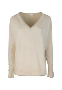 Maglione lungo a maniche con colletto a V e bordo in pizzo di colore crema. Presenta una vestibilità comoda e polsini con bottoni per un tocco di dettagli. Texture in maglia morbida.