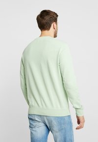 Sudadera verde claro de tejido suave, con cuello redondo, mangas largas y puños y bajo acanalados. Textura lisa con detalles mínimos.