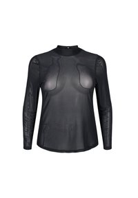 Top nero a maniche lunghe con texture traslucida e liscia. Caratterizzato da un colletto alto e maniche aderenti, progettato senza alcun motivo o accessorio.