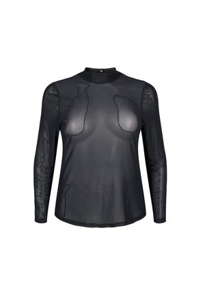 Haut noir à manches longues avec une texture transparente et lisse. Présente un col haut et des manches ajustées, conçu sans motifs ni éléments en métal.