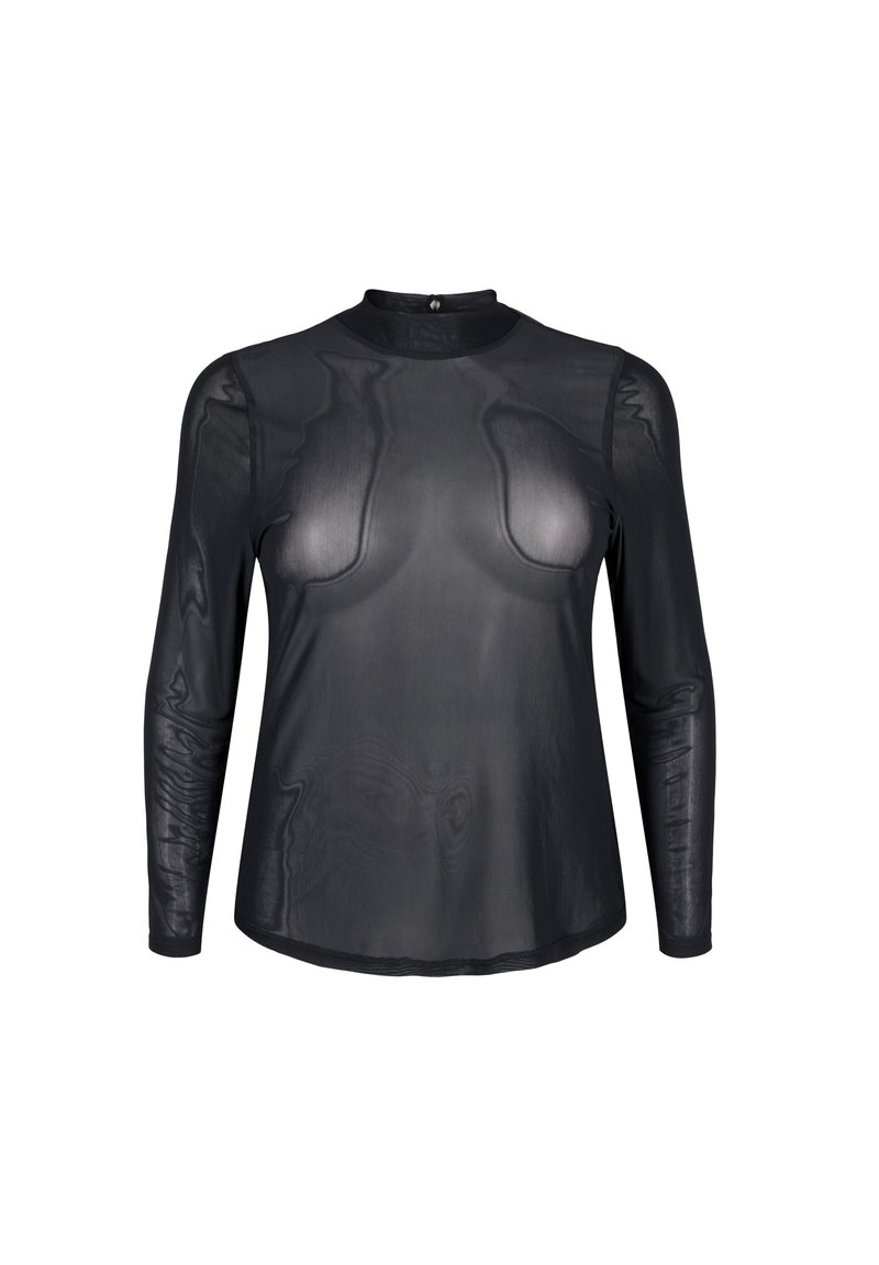 Top nero a maniche lunghe con texture traslucida e liscia. Caratterizzato da un colletto alto e maniche aderenti, progettato senza alcun motivo o accessorio.