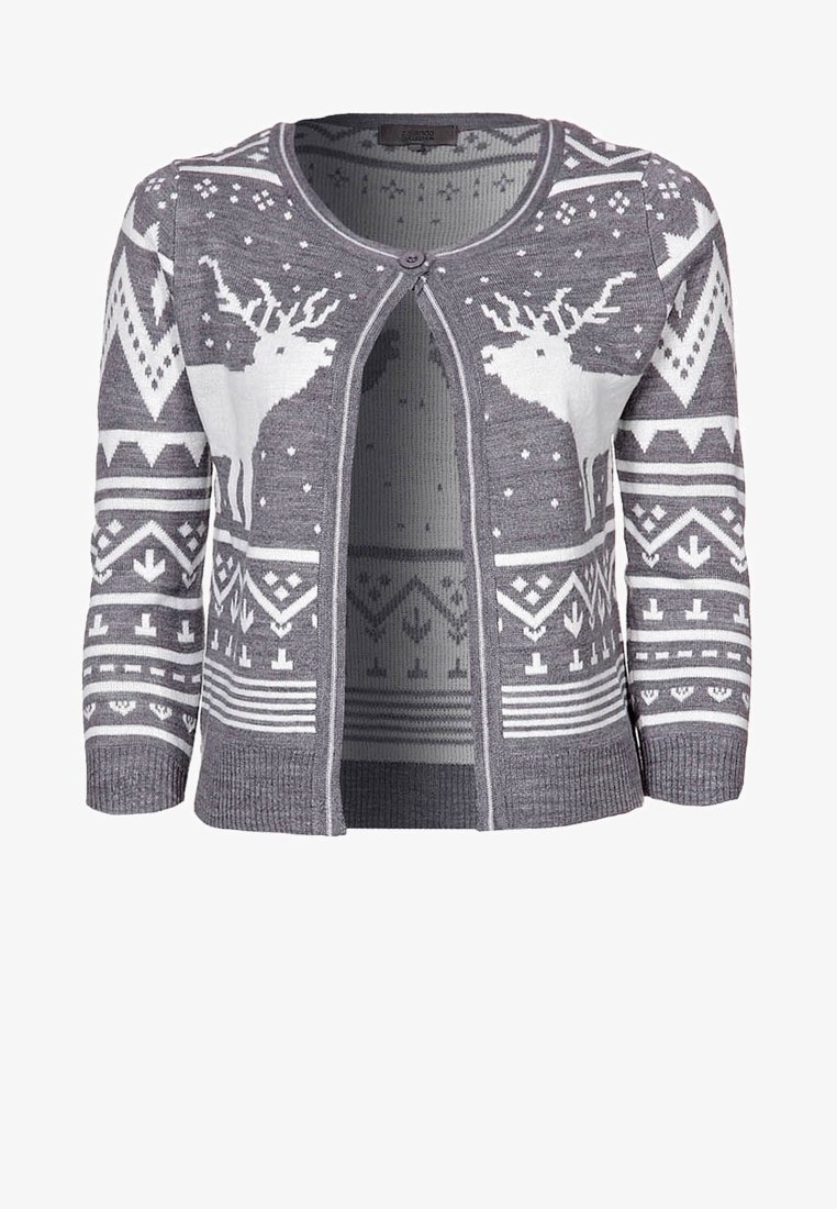 Cardigan gris avec motifs de rennes blancs, motifs géométriques et fermeture à boutons. Confectionné en tissu tricoté avec poignets côtelés.