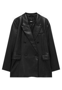 Blazer noir en cuir synthétique à double boutonnage avec un col cranté, deux poches avant et une texture lisse. Les boutons sont ronds et noirs.