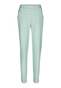 Lichtblauwe gestreepte broek met een geometrisch patroon, voorzien van kleine oranje en crèmekleurige stippen, met een elastische tailleband en zijzakken.