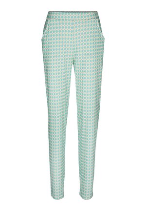 Pantaloni azzurri chiari a fantasia con un design geometrico caratterizzato da piccoli punti arancioni e crema, vita elasticizzata e tasche laterali.