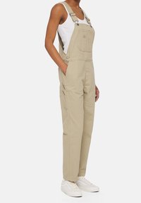 Salopette beige avec bretelles ajustables, poche avant, poches latérales et une coupe droite. Portée sur un débardeur blanc et des baskets blanches.