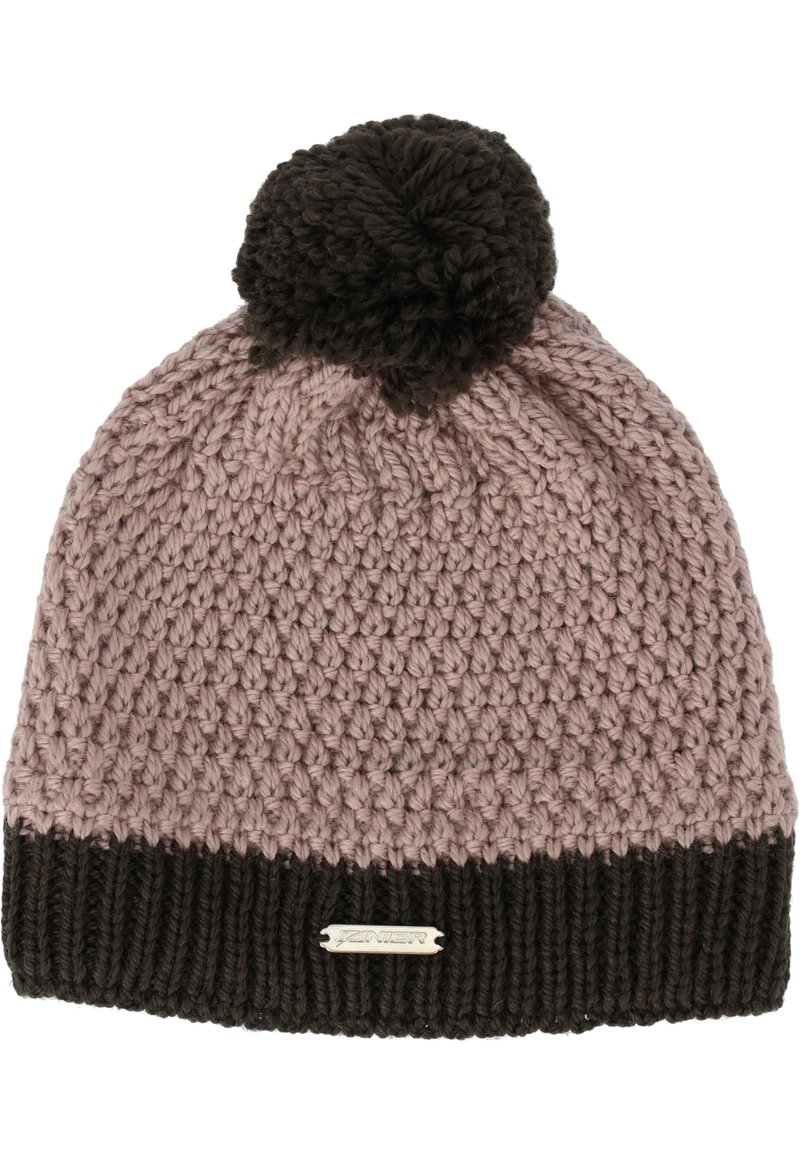 Stickad mössa med en ljusrosa kropp och en mörkbrun ribbad kant, toppad med en mörkbrun pom-pom. Har en metall-logotyp som detalj.