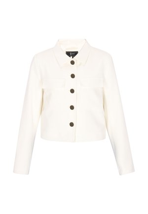 Biała krótka kurtka z długimi rękawami, pięcioma dużymi czarnymi guzikami, dwoma kieszeniami na piersi i kołnierzem.