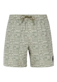 Patroons zwemshorts van lichtgroene en witte stof, mettribale motieven, een elastische tailleband met een trekkoord en een zijlogo patch.
