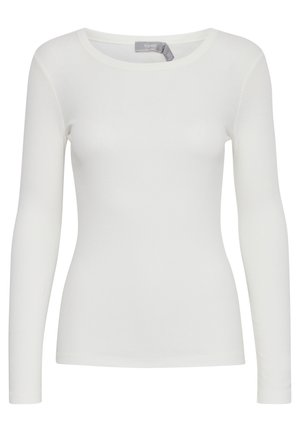 Langærmet cremede top lavet af et glat, strækbart stof med en rund halsudskæring og tætsiddende silhuet. Ingen bemærkelsesværdige mønstre eller designs.