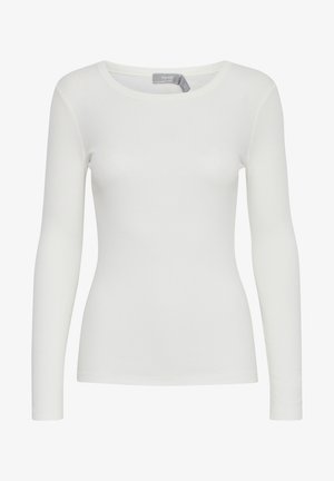 Langærmet cremede top lavet af et glat, strækbart stof med en rund halsudskæring og tætsiddende silhuet. Ingen bemærkelsesværdige mønstre eller designs.