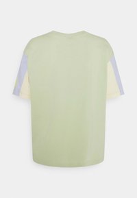 Světle zelené tričko s krátkým rukávem, které má barevně blokované rukávy ve světle fialové a žluté barvě. Měkká bavlněná textura, volný střih, kulatý výstřih.