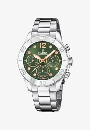 Orologio cronografo Festina con quadrante verde, cassa e bracciale in acciaio inossidabile argentato, caratterizzato da dettagli in oro rosa e tre quadranti più piccoli.