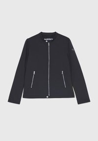 Zwarte ritssluiting jas met lange mouwen, voorzien van twee ritszakken en een ronde halslijn. Glad materiaal met minimale ontwerpelementen.