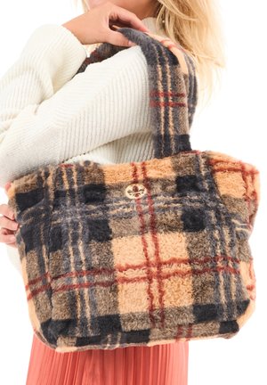Brown and beige plaid fur tote bag with two handles and a wooden button closure. Soft texture, featuring a mix of square and stripe patterns.
