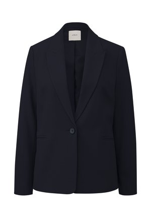 Blazer bleu marine en tissu texturé, avec une fermeture à un bouton, des revers crantés et deux poches avant.
