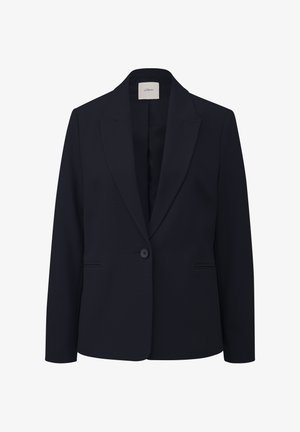 Navy blue blazer made of textured fabric, featuring a single button closure, notched lapels, and two front pockets.