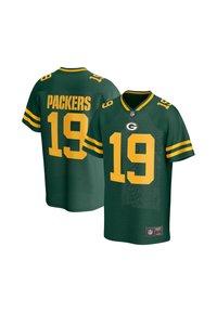 Grøn trøje med gule detaljer. Forsiden viser nummer 19; bagsiden har "PACKERS" i store gule bogstaver samt nummer 19.